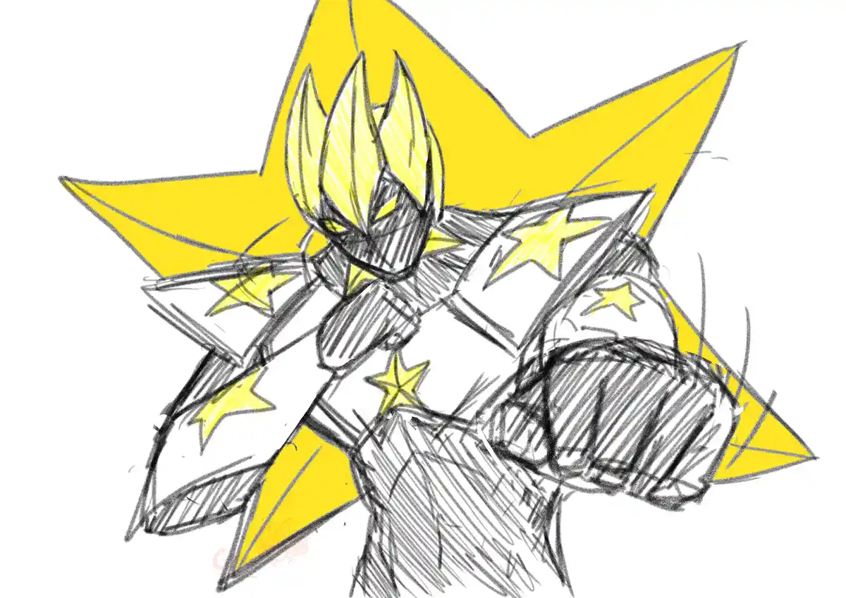 A hand-drawn sketch depicts a stylized, spiky-haired character with a large yellow star behind their head, wearing a white…