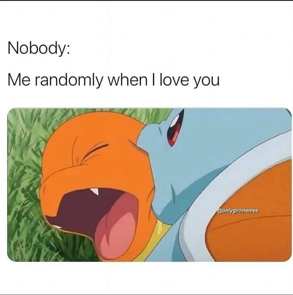 The image shows a cartoon Pokémon, Squirtle, lying on its back in grass with its mouth wide open in a yawn, eyes…