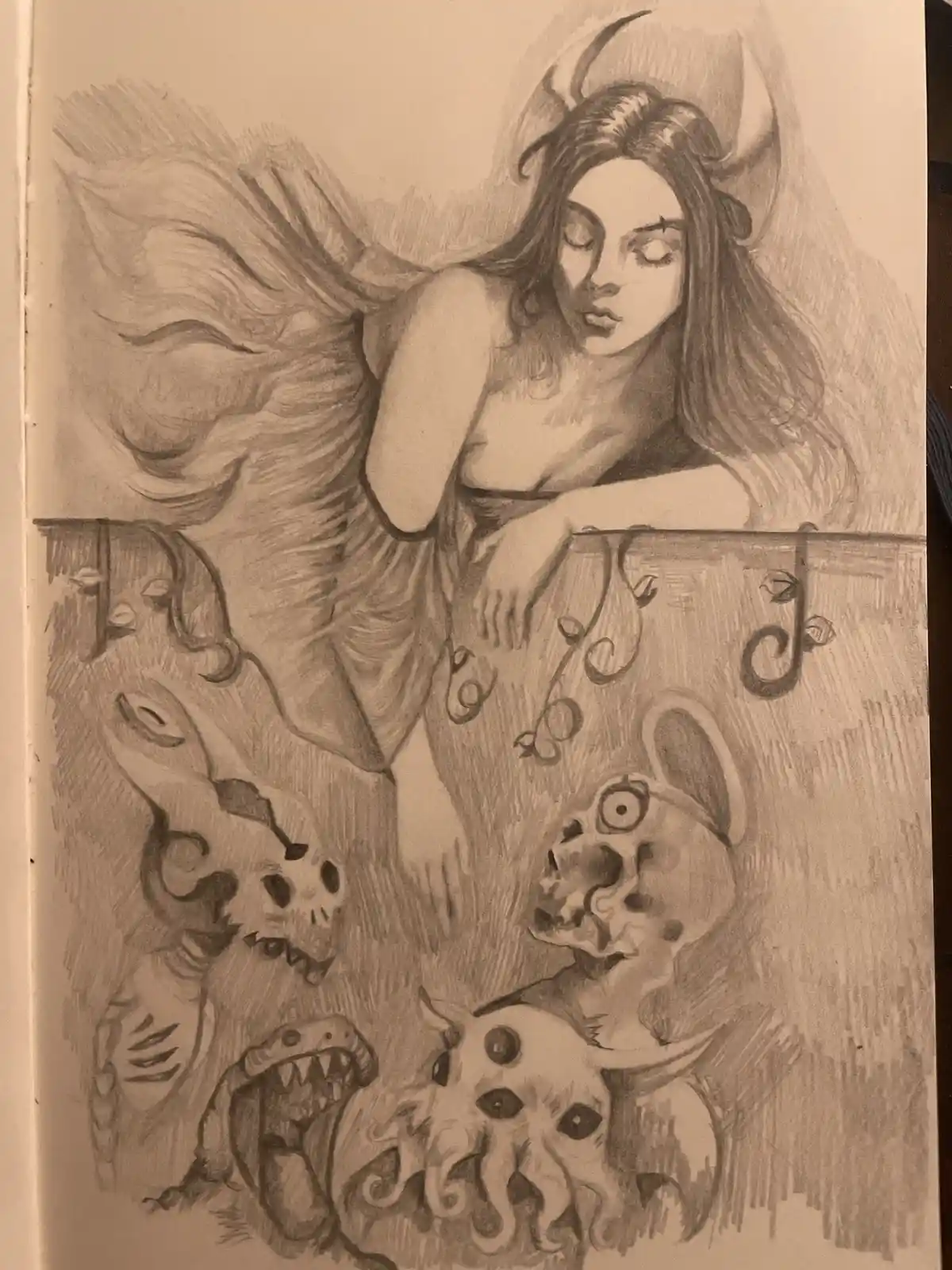 A pencil sketch shows a serene, horned woman with closed eyes leaning over a wooden railing, overlooking a chaotic scene of…