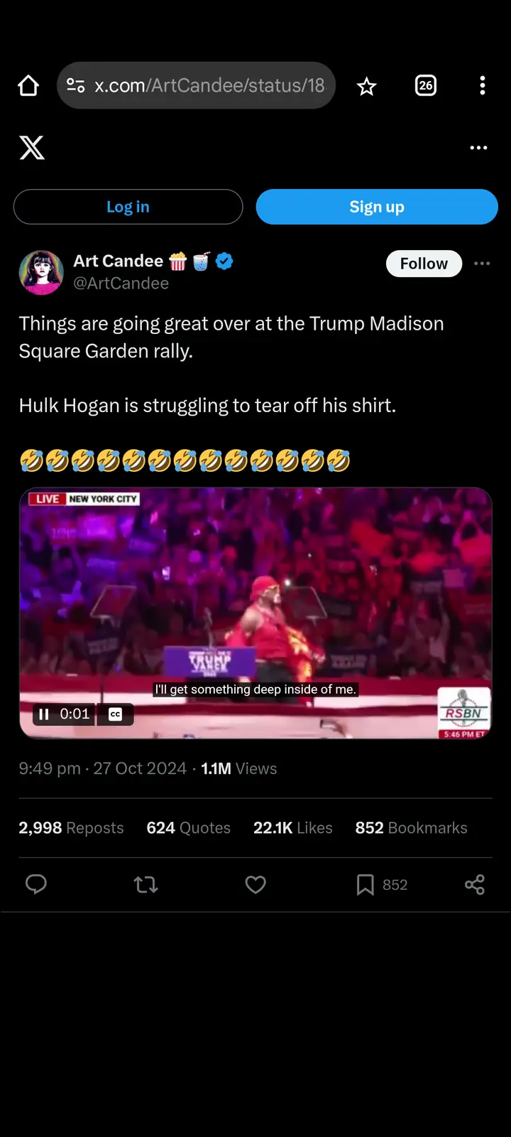 A screenshot of an X post by Art Candee showing a video clip of Hulk Hogan on stage at a rally, visibly struggling to tear…