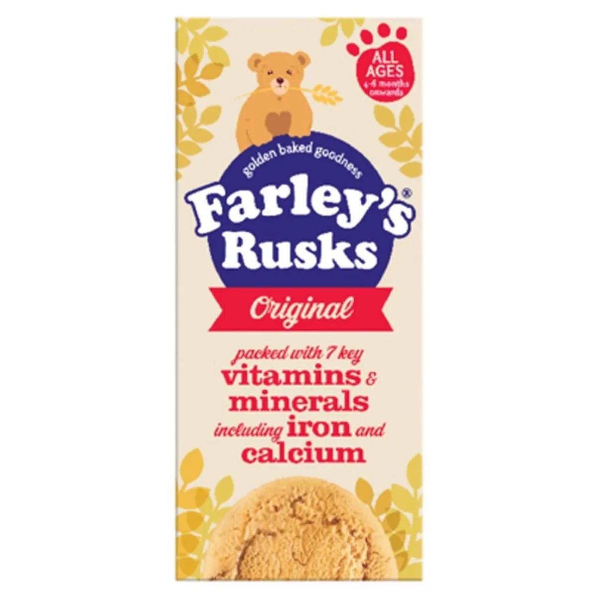 A product package for Farley's Rusks Original, featuring a cartoon bear holding wheat stalks, a red paw-print badge stating…