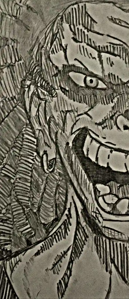 A black-and-white sketch of a man with a furious, screaming expression, his teeth bared and eyes wide with rage. The…
