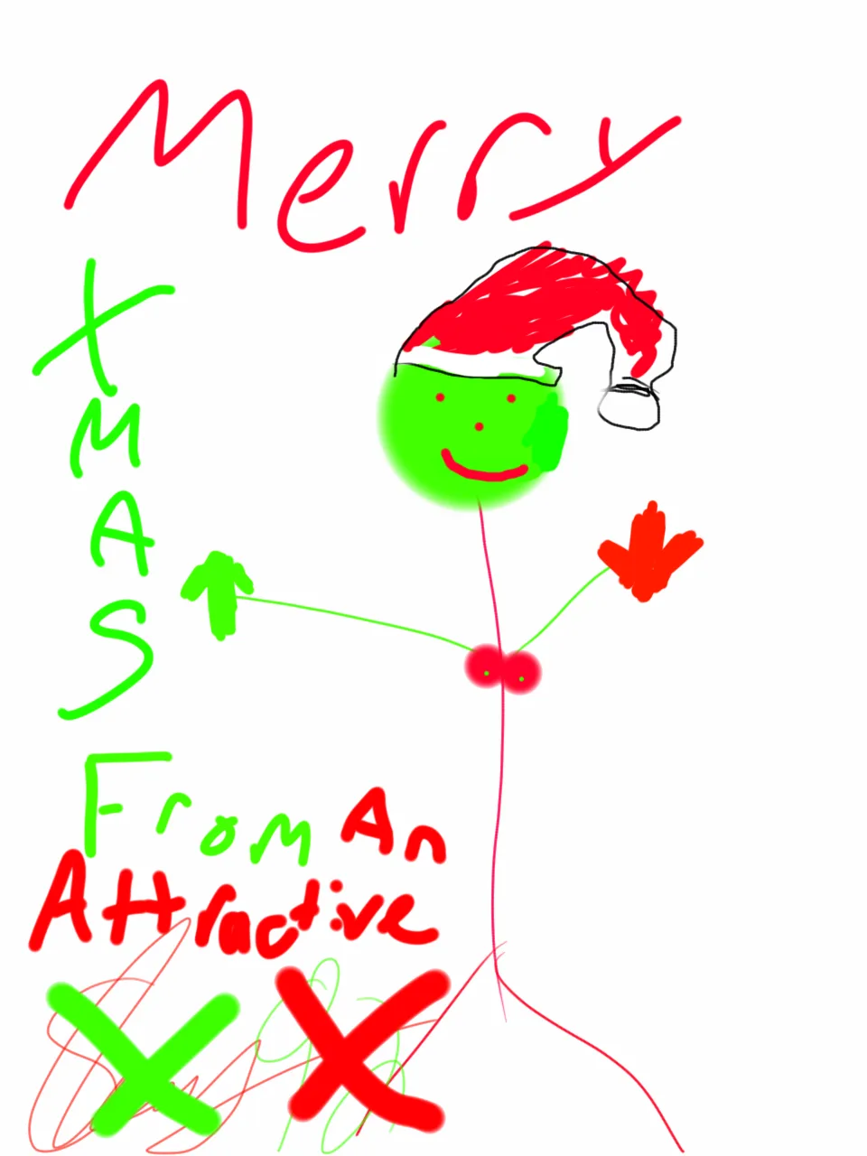 A childlike drawing of a green, smiling stick figure wearing a red Santa hat and red mittens, with red and green handwritten…