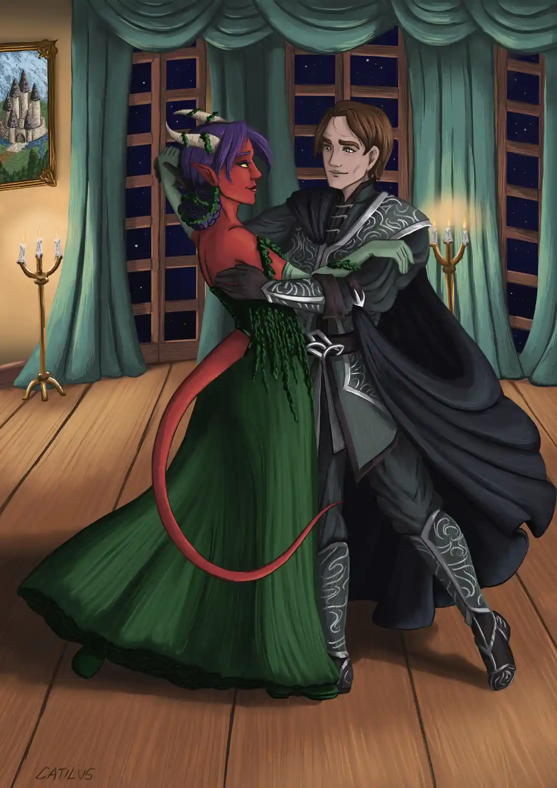A red-skinned, purple-haired demoness with horns and a tail wears an elegant green gown while dancing with a human knight in…