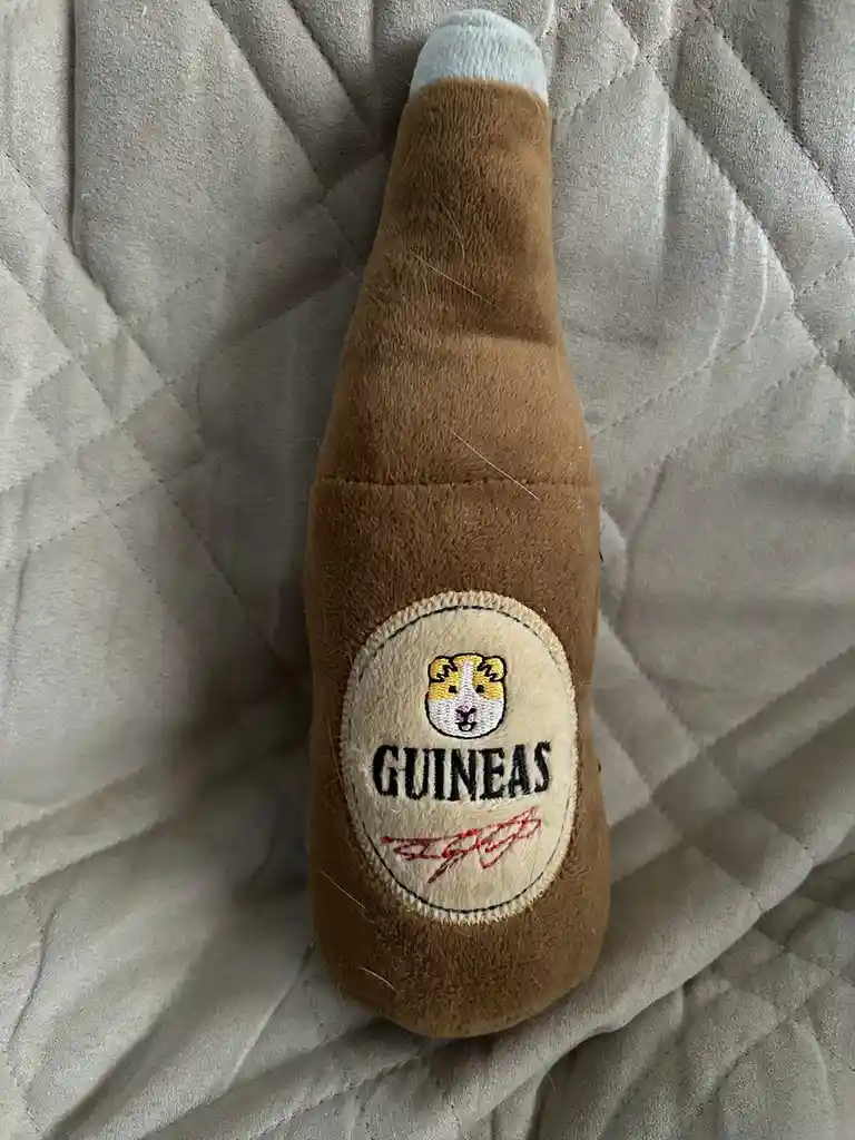 A plush toy shaped like a brown beer bottle with a label that reads 'GUINEAS' and features a cartoon guinea pig face instead…