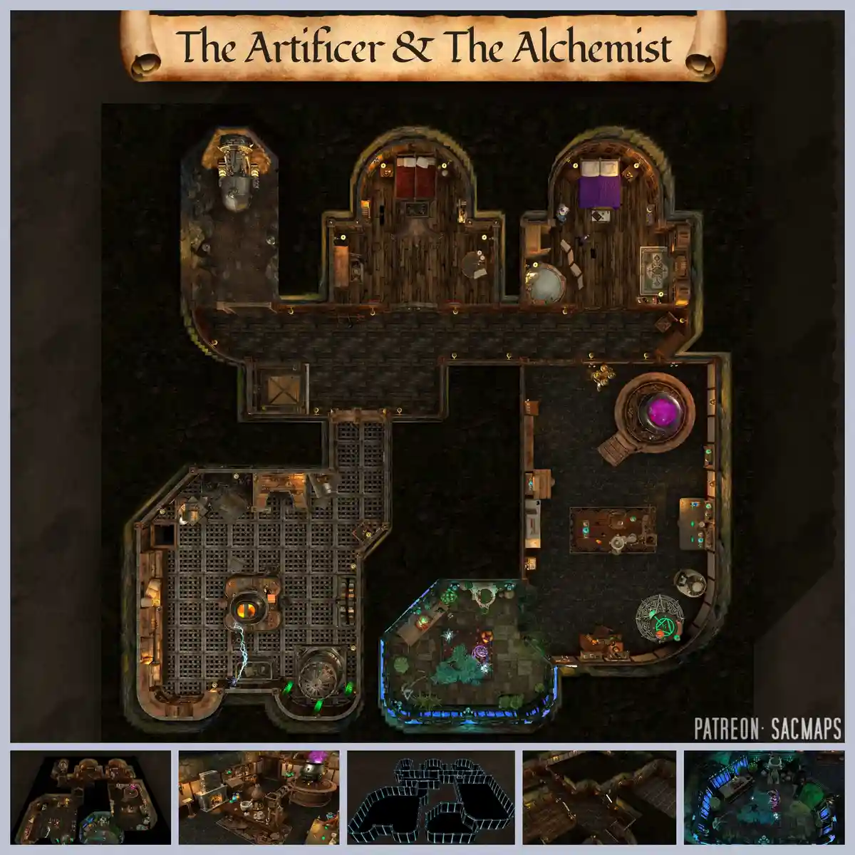 An overhead view of a fantasy dungeon map titled 'The Artificer & The Alchemist,' showing distinct rooms for crafting and…