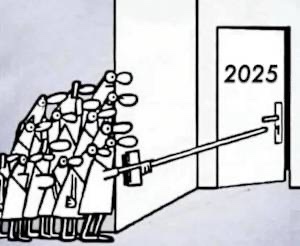 A black-and-white cartoon depicts a crowd of identical, faceless figures in lab coats pushing a long pole toward a door…