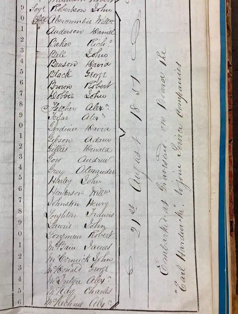 An old handwritten passenger manifest lists names like 'Anderson Daniel', 'Bell John', and 'Brown Robert' with a date of…