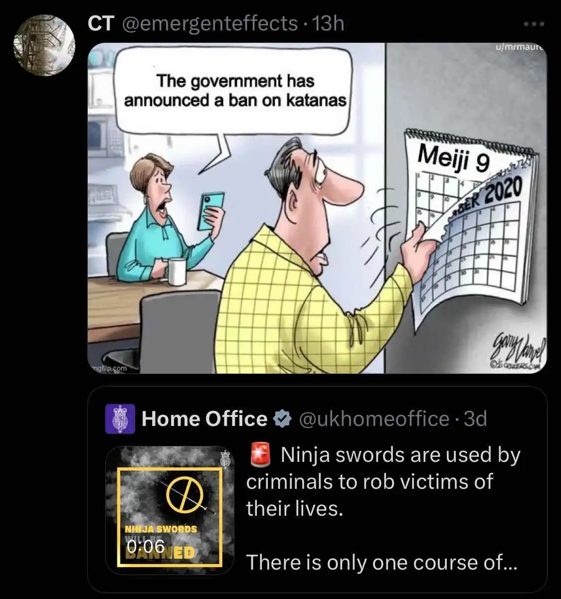 A cartoon depicts a man in a yellow shirt reacting with shock while flipping through a calendar labeled 'Meiji 9' and…