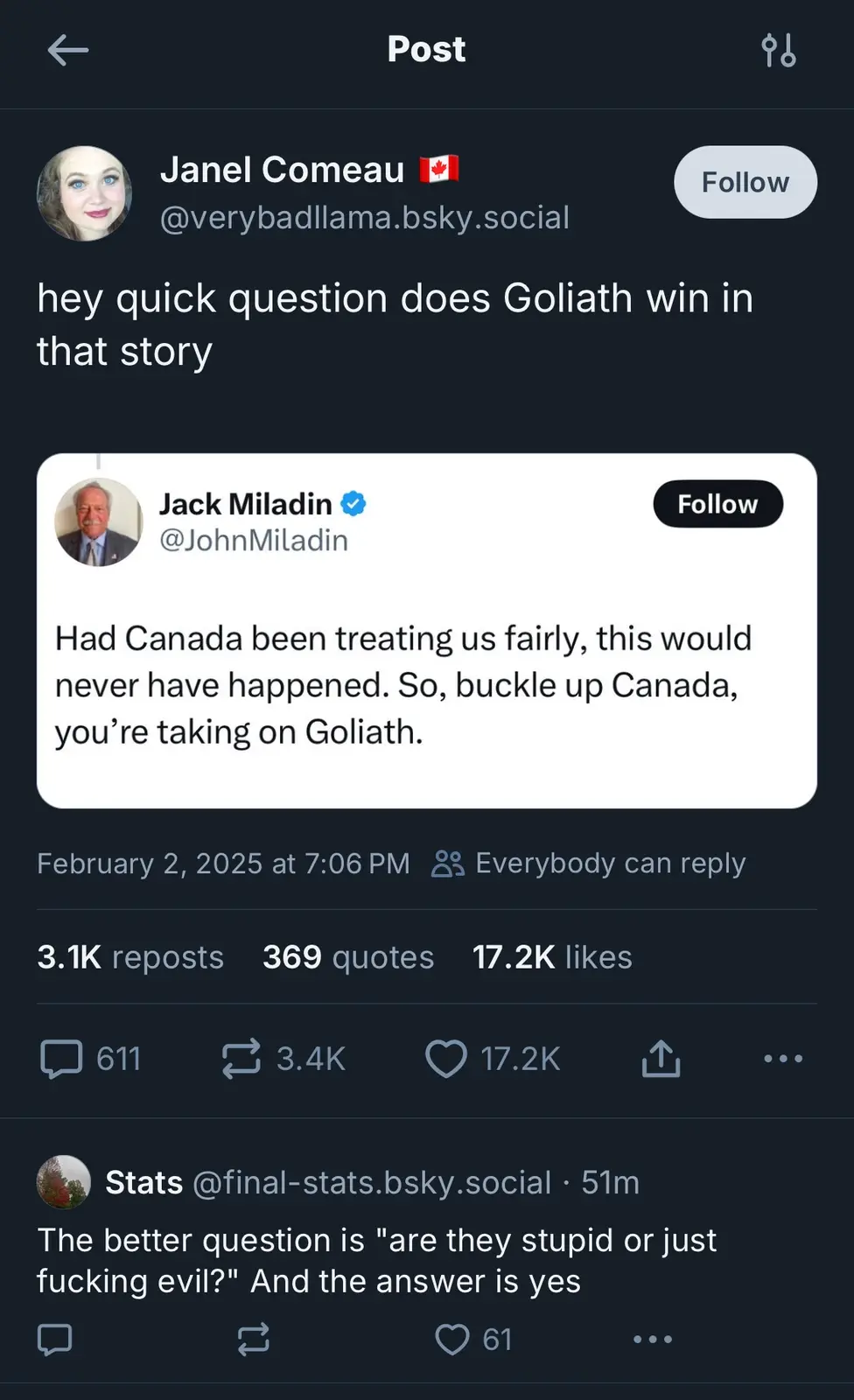 A screenshot of a social media post by Janel Comeau asking if Goliath wins in a story, referencing a tweet by Jack Miladin…