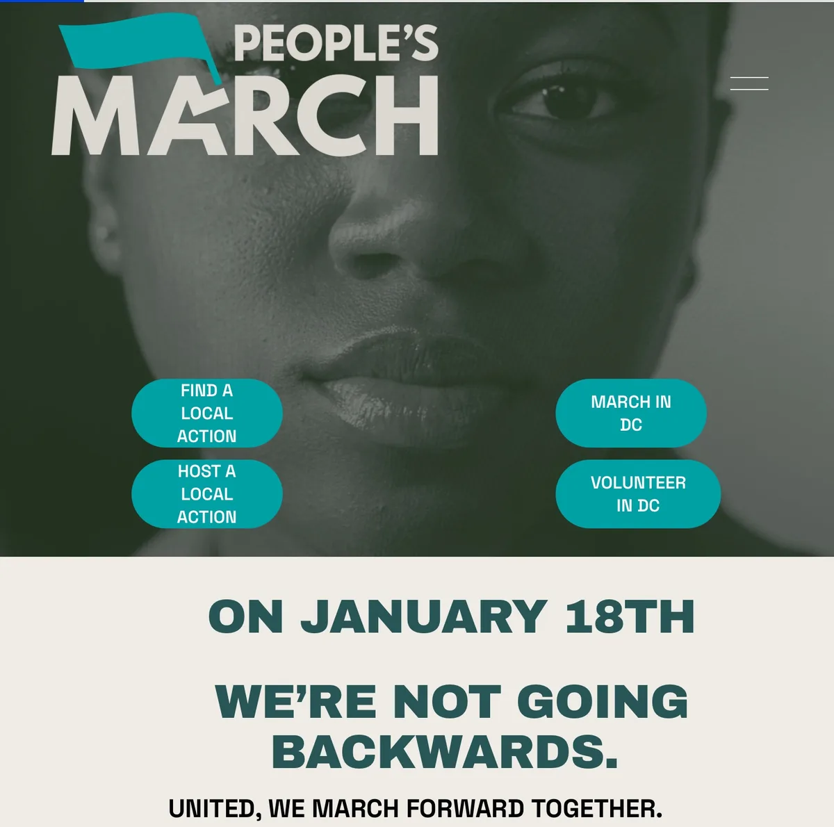 A screenshot of the People's March website features a close-up of a Black woman's face with a serious expression. Overlaid…