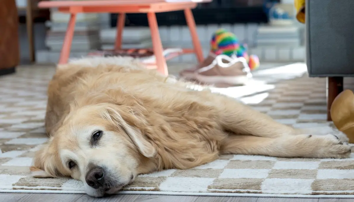 A golden retriever lies sprawled on a checkered rug in a living room, looking drowsy and unbothered. In the background, a…