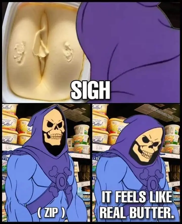 The top panel shows a tub of margarine with a split and two embossed cartoon characters, overlaid with the word 'SIGH'. The…