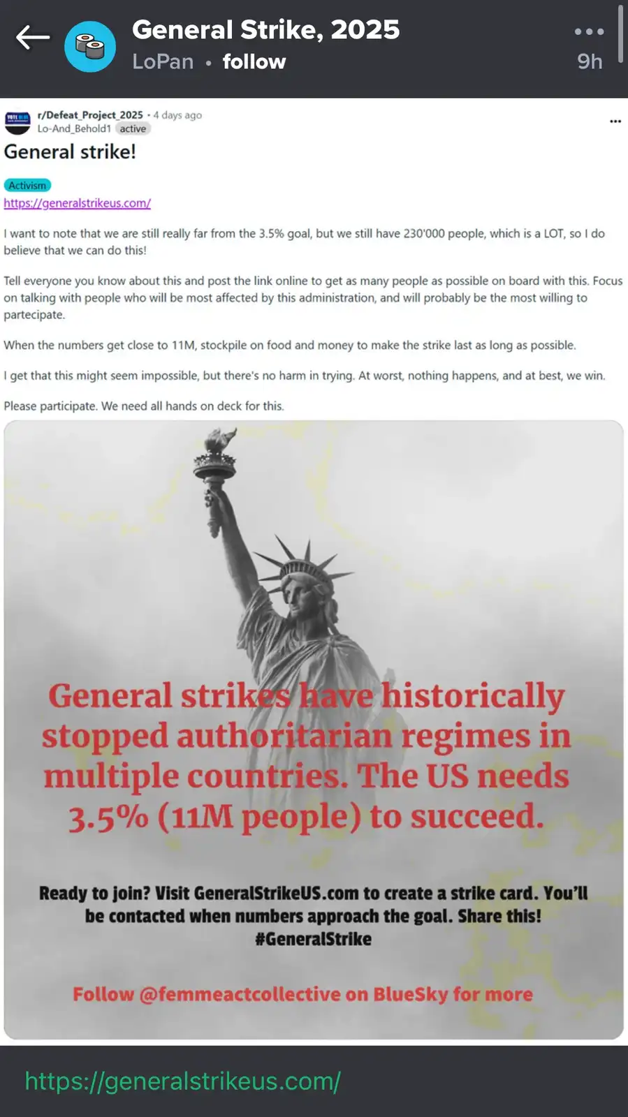 The image displays a grayscale photo of the Statue of Liberty with red and black text overlaid. The text promotes a…
