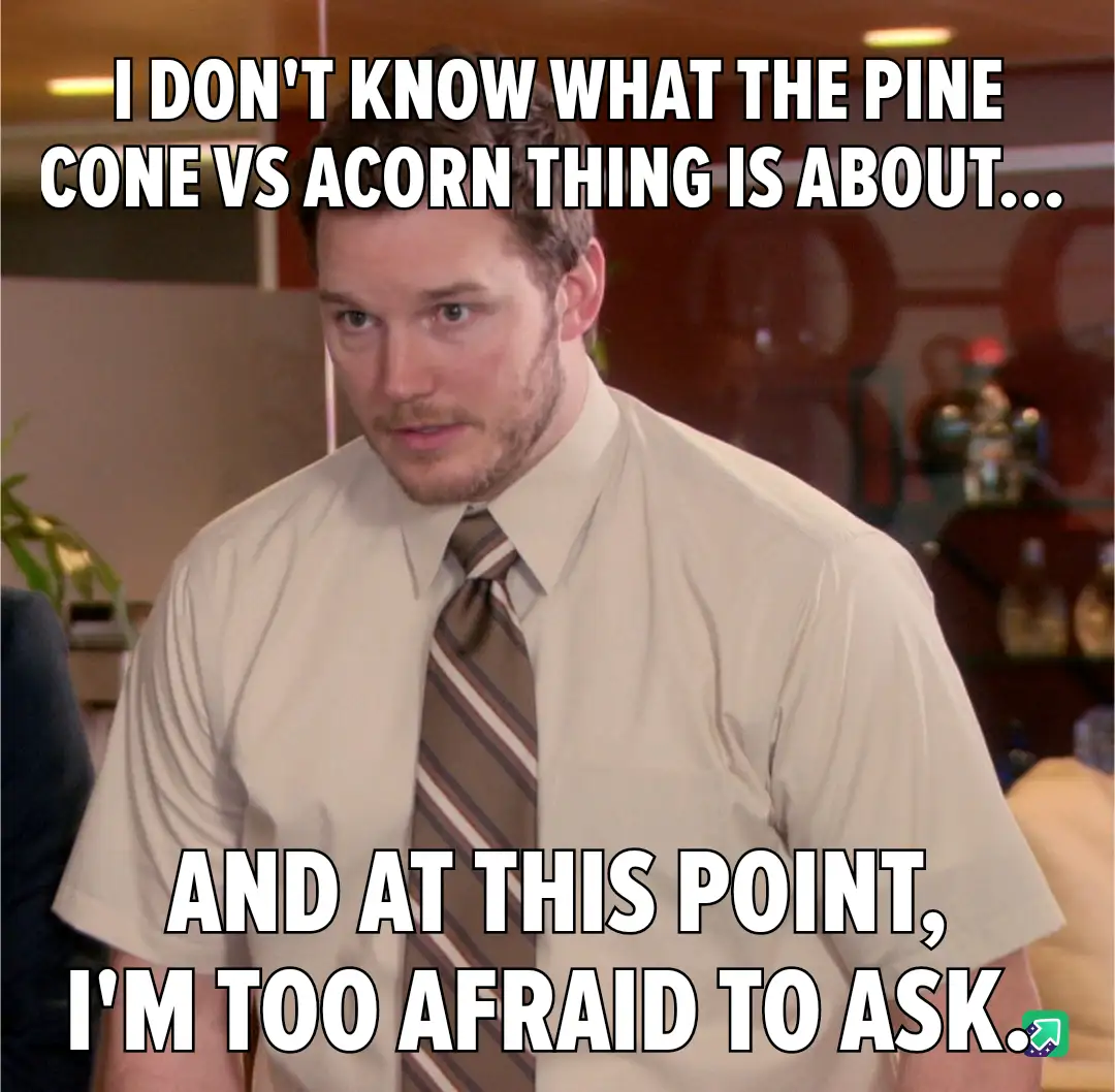 A man in a beige shirt and striped tie looks confused and slightly intimidated, with white bold text overlaid in two parts…