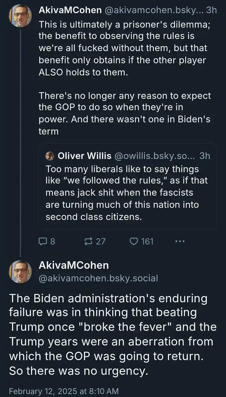 A screenshot of a social media thread where user AkivaMCohen discusses political strategy using the prisoner's dilemma…