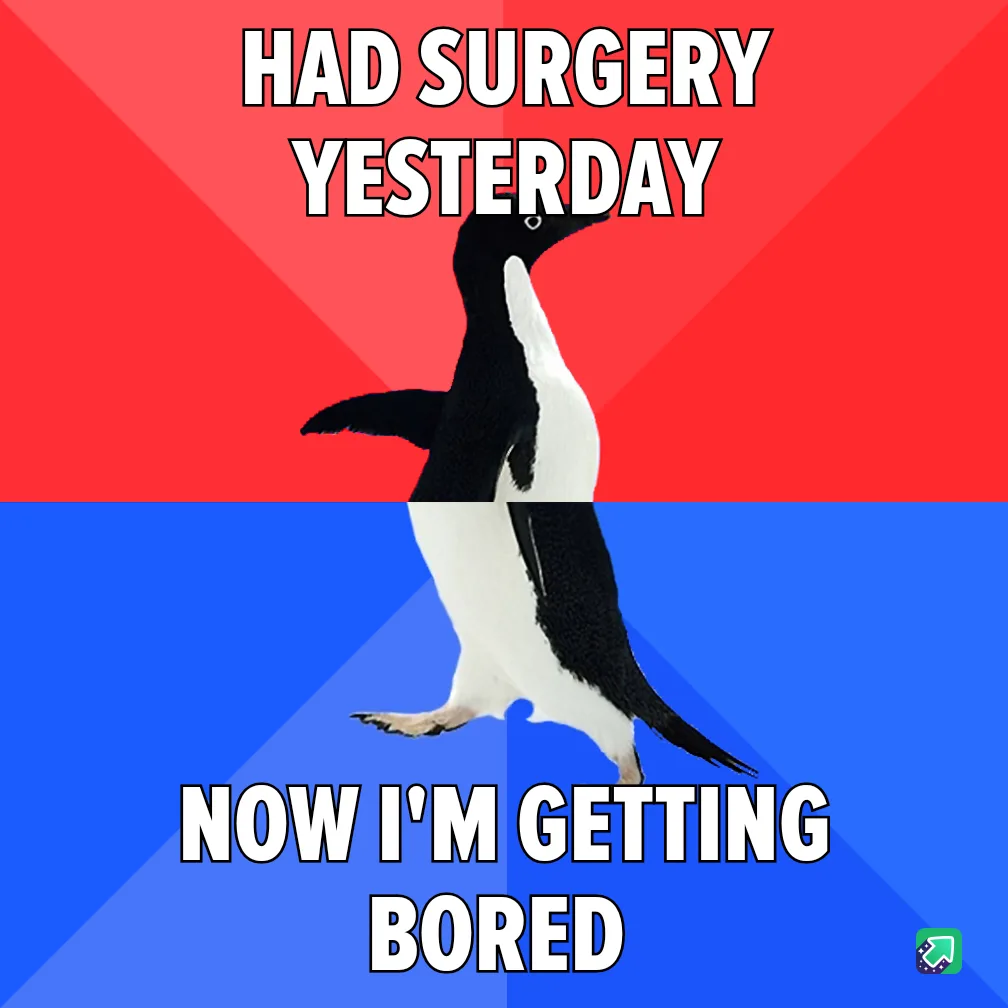 A penguin stands centered against a red and blue background, with bold white text above reading 'HAD SURGERY YESTERDAY' and…