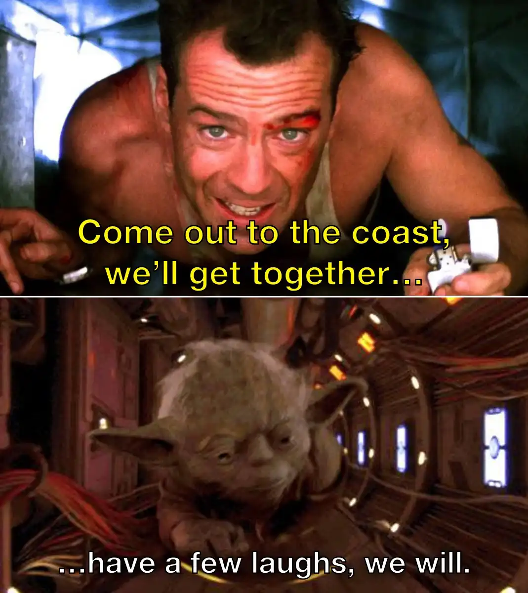 The top panel shows a man with blood on his face and a lighter, smiling menacingly. The bottom panel shows Yoda looking up…