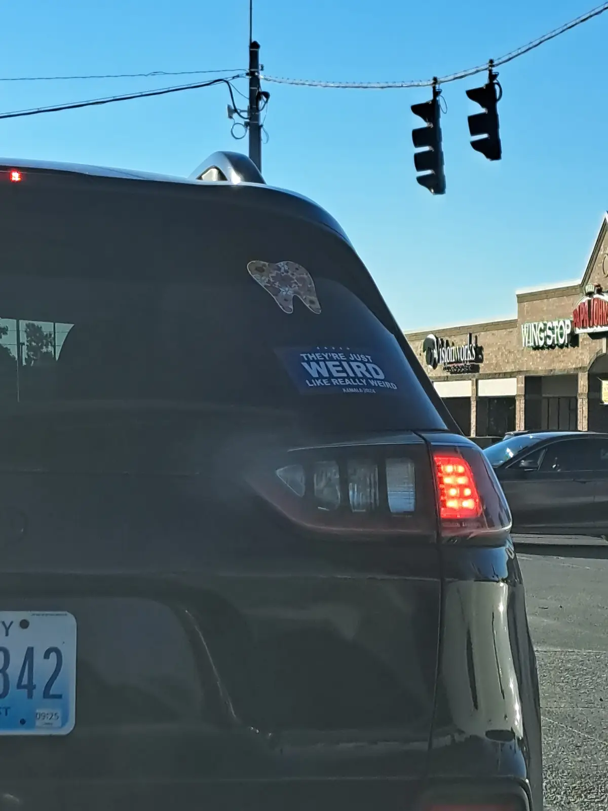 The rear of a dark-colored SUV is shown at a traffic light, featuring a political sticker that reads 'THEY'RE JUST WEIRD…