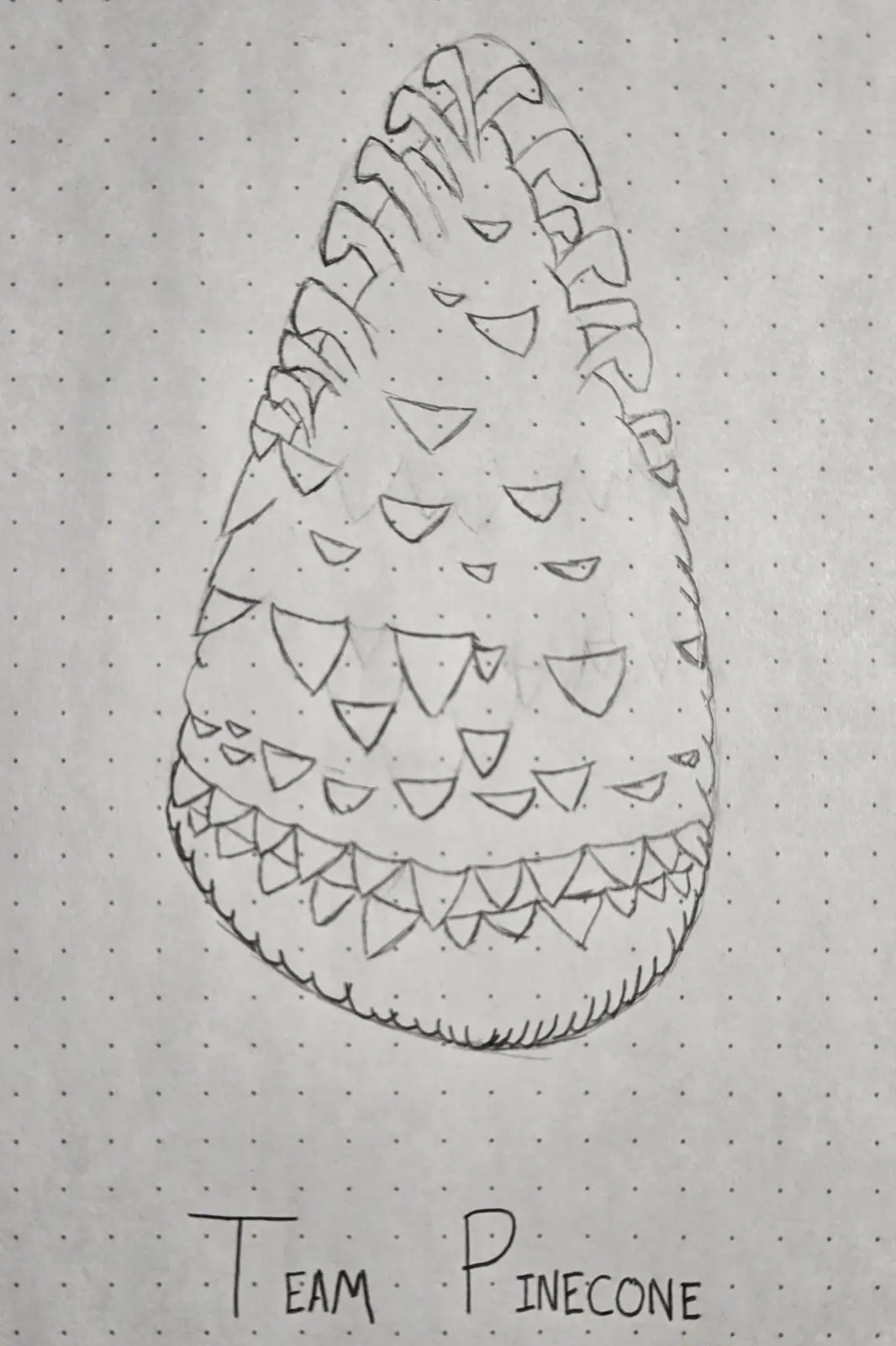 A hand-drawn pencil sketch on dotted paper depicts a pinecone with a cartoonish, menacing face, featuring multiple…