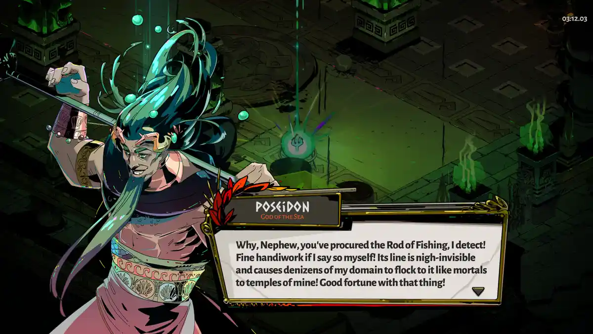A character named Poseidon, God of the Sea, is shown in a video game scene with a dialogue box. He is holding a fishing rod…