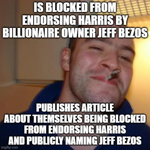 A man with a smug expression and a cigarette in his mouth, overlaid with text stating he is blocked from endorsing Harris by…