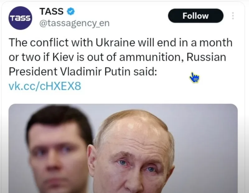 A screenshot of a tweet from TASS (@tassagency_en) featuring a photo of Russian President Vladimir Putin in the foreground…