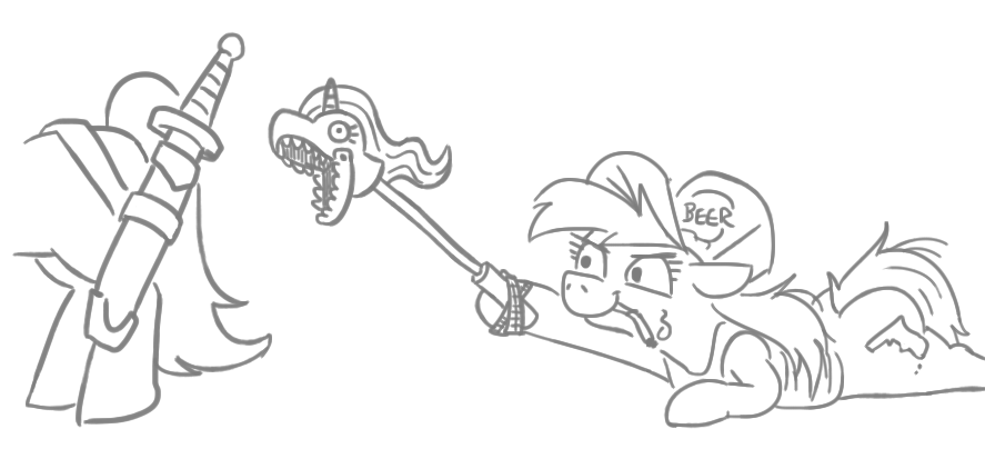 A black-and-white line drawing shows a cartoon pony with a beer can on its head, holding a mace with a dragon head, facing a…