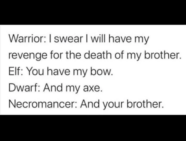 A white background with black text displays a dialogue where a warrior vows revenge for his brother's death, an elf offers…