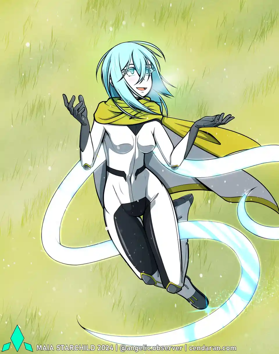 An anime-style illustration of a female character with light blue hair and a yellow scarf, sitting in a grassy field…
