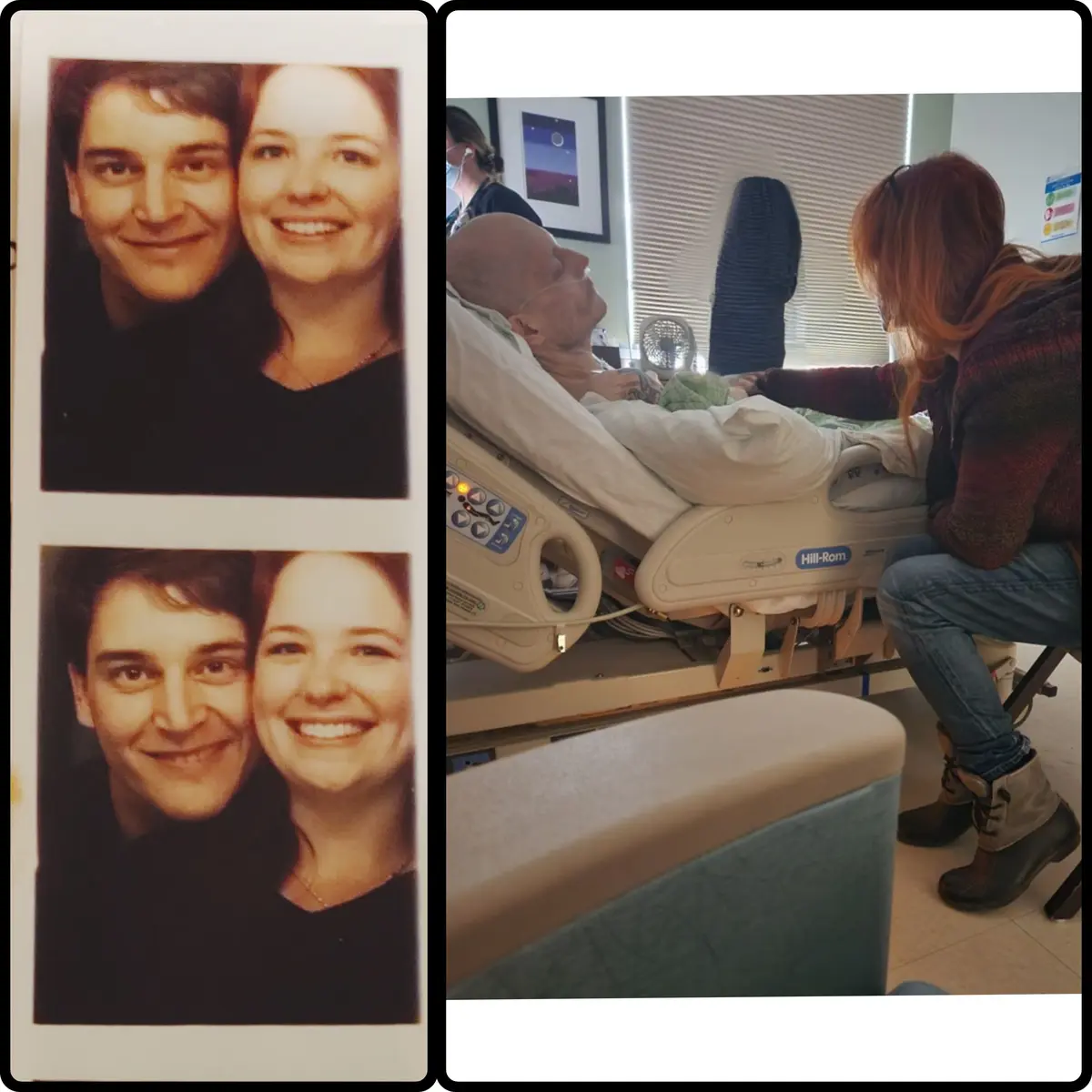 The image is a side-by-side comparison: on the left, two identical Polaroid-style photos show a smiling young couple. On the…
