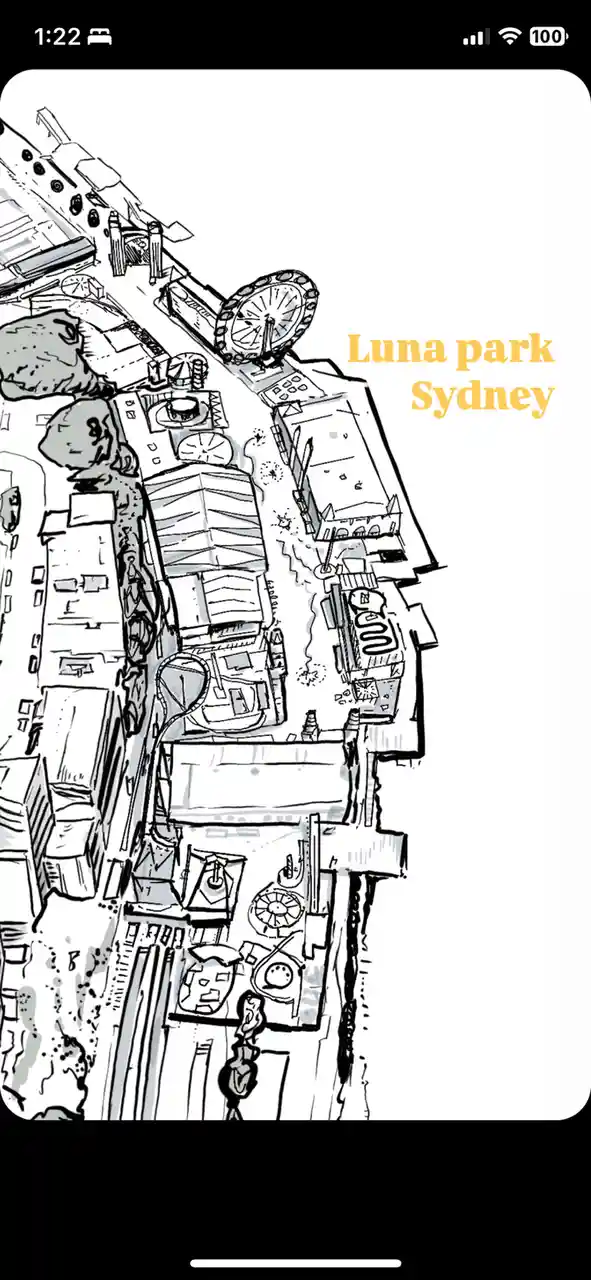 A black-and-white hand-drawn sketch shows an aerial view of Luna Park Sydney, featuring recognizable rides like the Ferris…