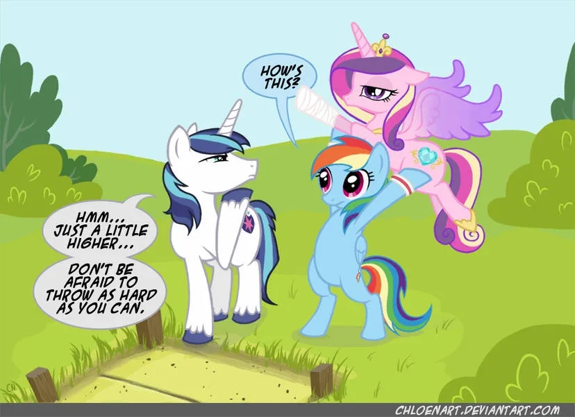 In a cartoon scene from My Little Pony, Princess Twilight Sparkle, with a bandaged arm, asks Rainbow Dash how her throw is…