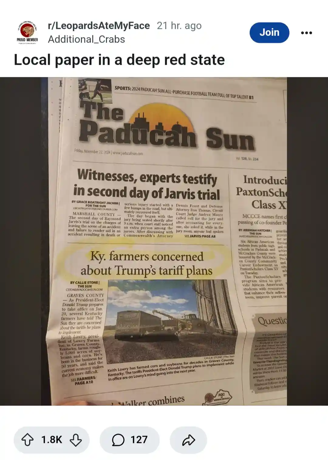 A close-up photo of the front page of 'The Paducah Sun' newspaper, dated Friday, November 22, 2024. The headline 'Ky…