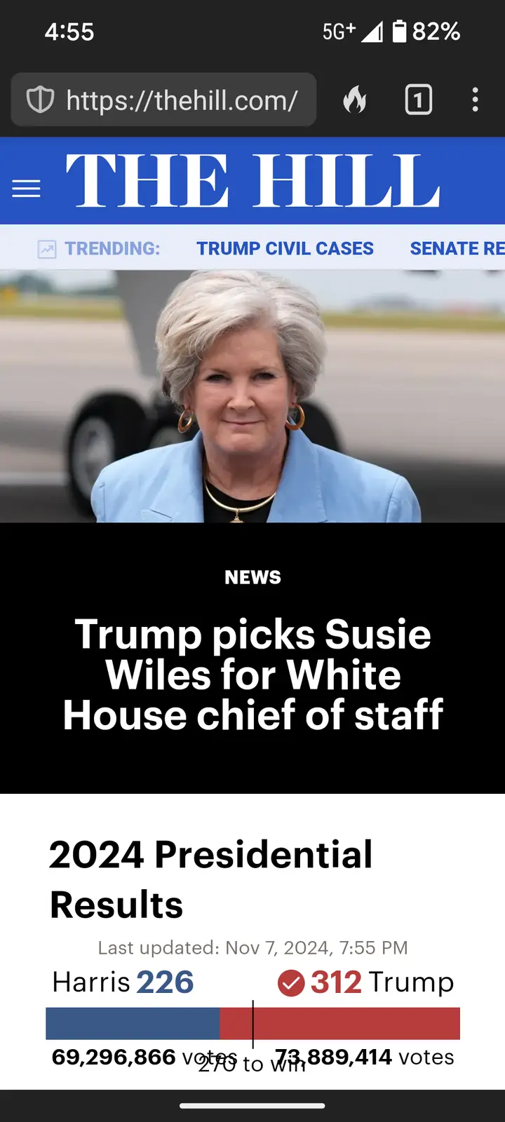 A screenshot of a mobile news article from The Hill shows a photo of Susie Wiles with the headline 'Trump picks Susie Wiles…