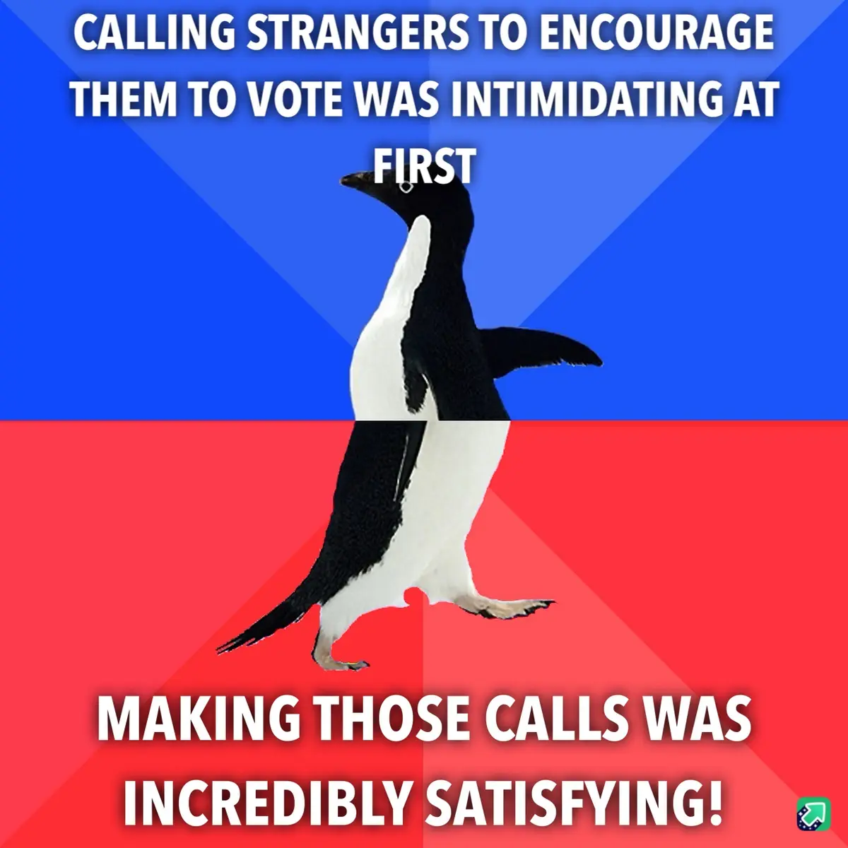 A penguin stands centered against a blue and red background, with white text overlaid in two sections. The top text reads…