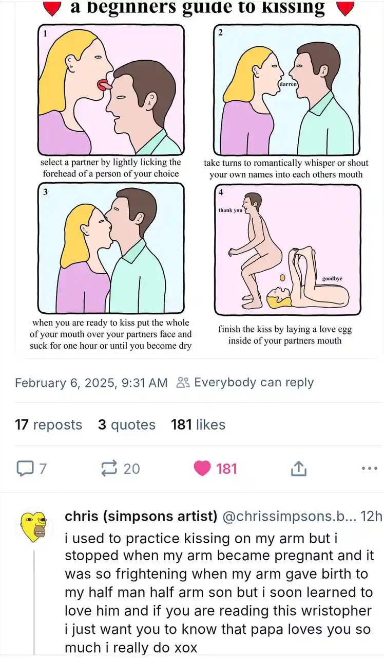 A four-panel comic titled 'a beginners guide to kissing' depicts absurd steps: licking a forehead, whispering names, sucking…