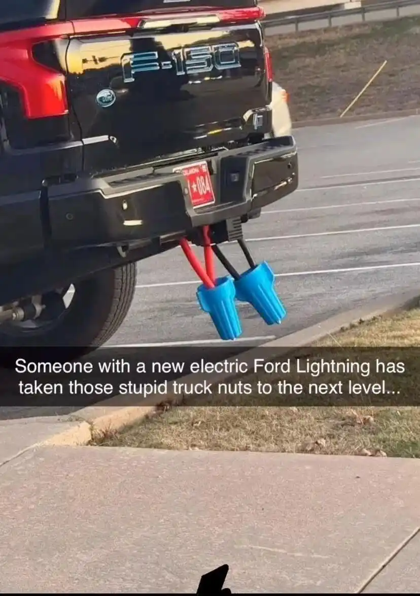 The image shows the rear of a black Ford F-150 pickup truck parked in a lot, with two large blue electrical plugs dangling…