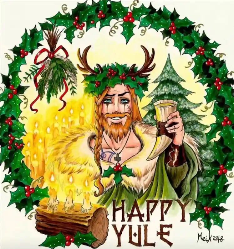 A festive illustration depicts a bearded, blue-eyed man with braided hair, wearing a fur-trimmed green robe and a…