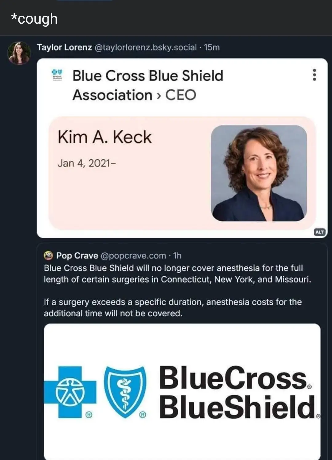 A screenshot of a social media post showing a Blue Cross Blue Shield Association CEO profile for Kim A. Keck, dated Jan 4…