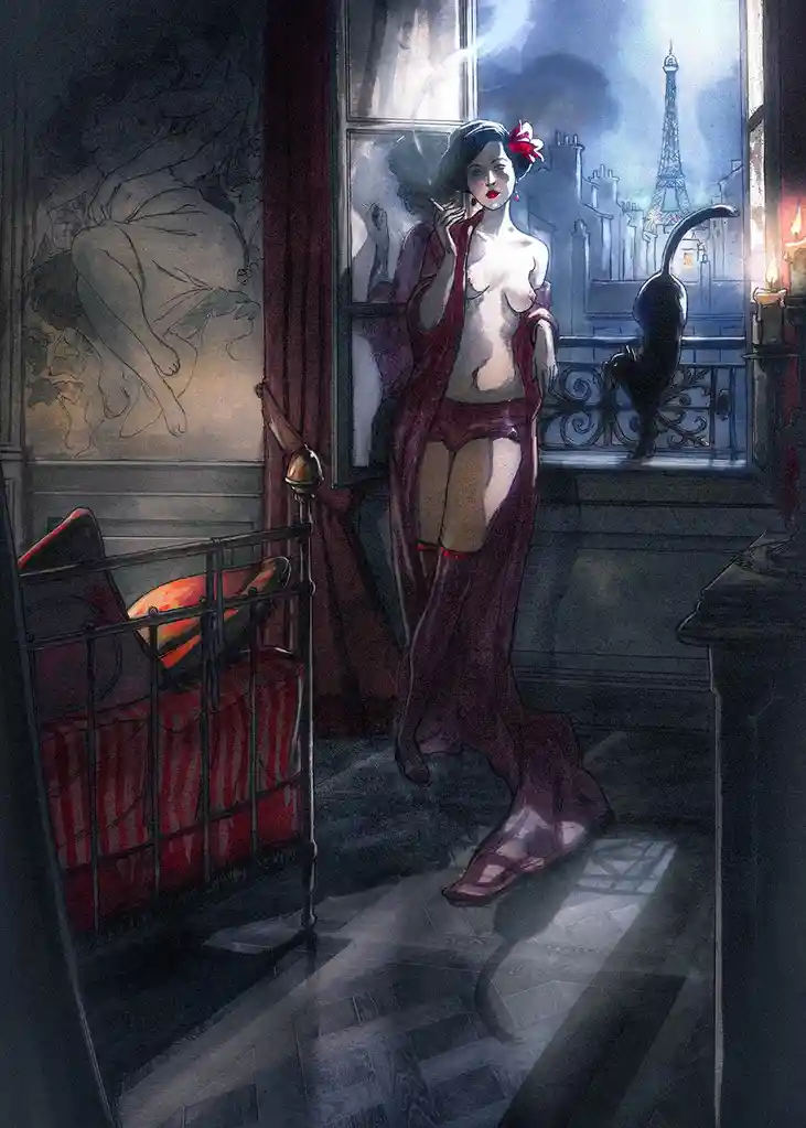 A woman in a red robe and underwear stands by a window in a Parisian room, smoking a cigarette, with a black cat on the…