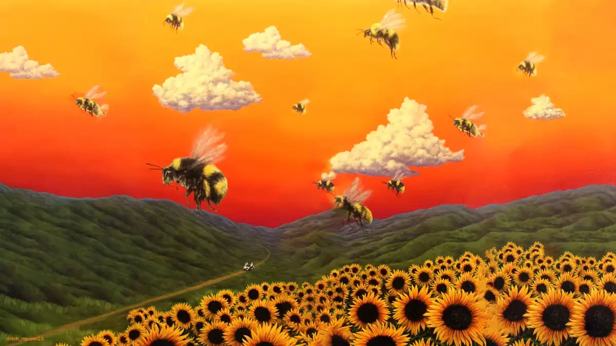 A surreal painting depicts dozens of giant bees flying across a vibrant orange and red sunset sky with fluffy white clouds…