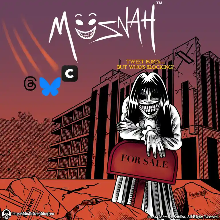 A cartoonish, smiling ghost-like figure with long black hair and a wide grin stands in a ruined, apocalyptic cityscape…