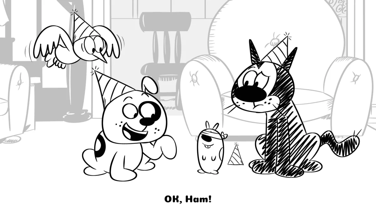 A black-and-white animated comic strip shows two cartoon dogs in party hats. One dog presents a bouquet to the other, who…