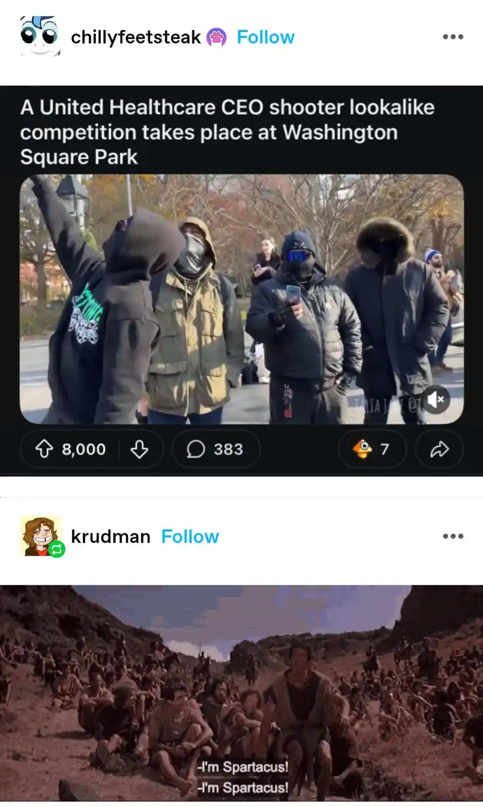 The image shows a screenshot of a social media post with a photo of masked protesters in Washington Square Park, overlaid…