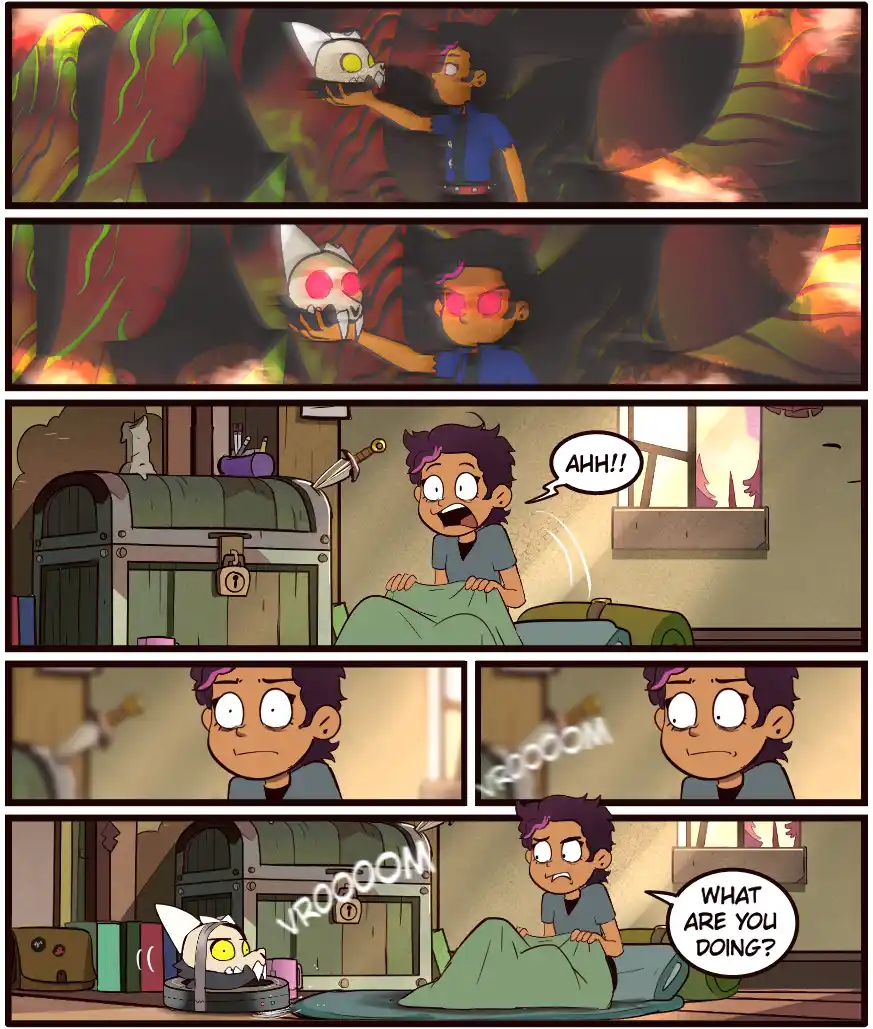 A four-panel comic strip from 'The Owl House' shows Luz holding a glowing skull mask, then wearing it with glowing red eyes…