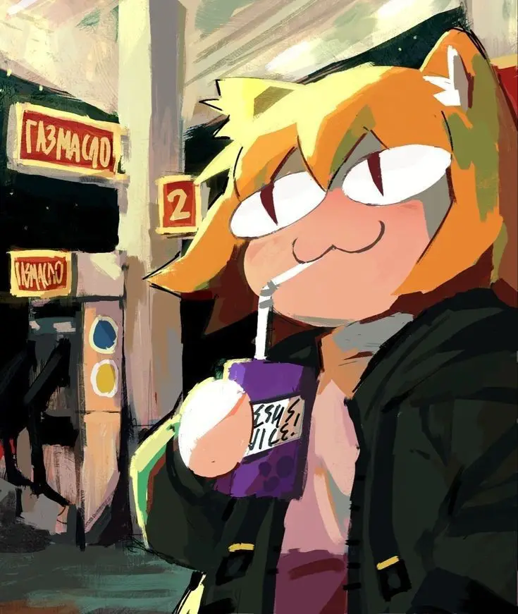 An anime-style anthropomorphic cat with orange fur and a smug expression sips from a purple juice box labeled 'jesus juice'…