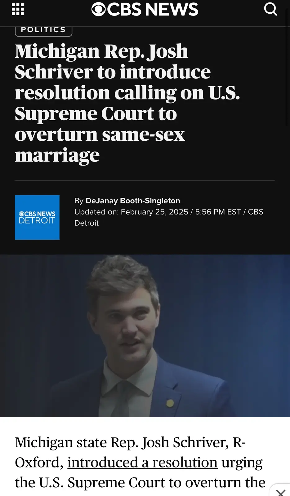 A screenshot of a CBS News article about Michigan Rep. Josh Schriver introducing a resolution to overturn same-sex marriage…