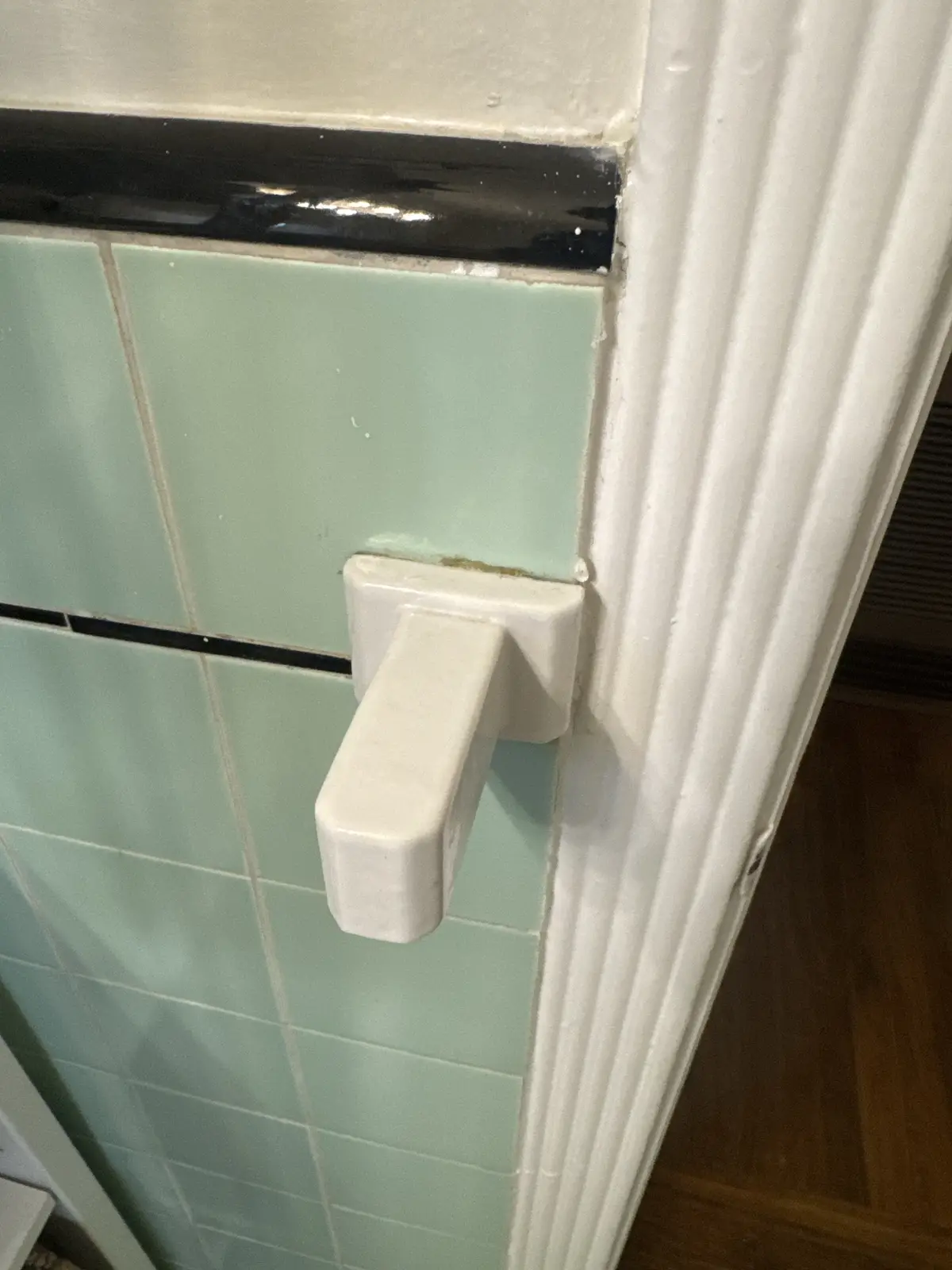A close-up photo shows a white ceramic soap dish mounted on a wall with light green tiles and black grout lines. The soap…