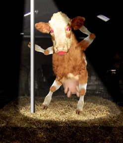A brown and white cow stands on a circular platform covered in straw, holding onto a vertical pole with its front hooves…